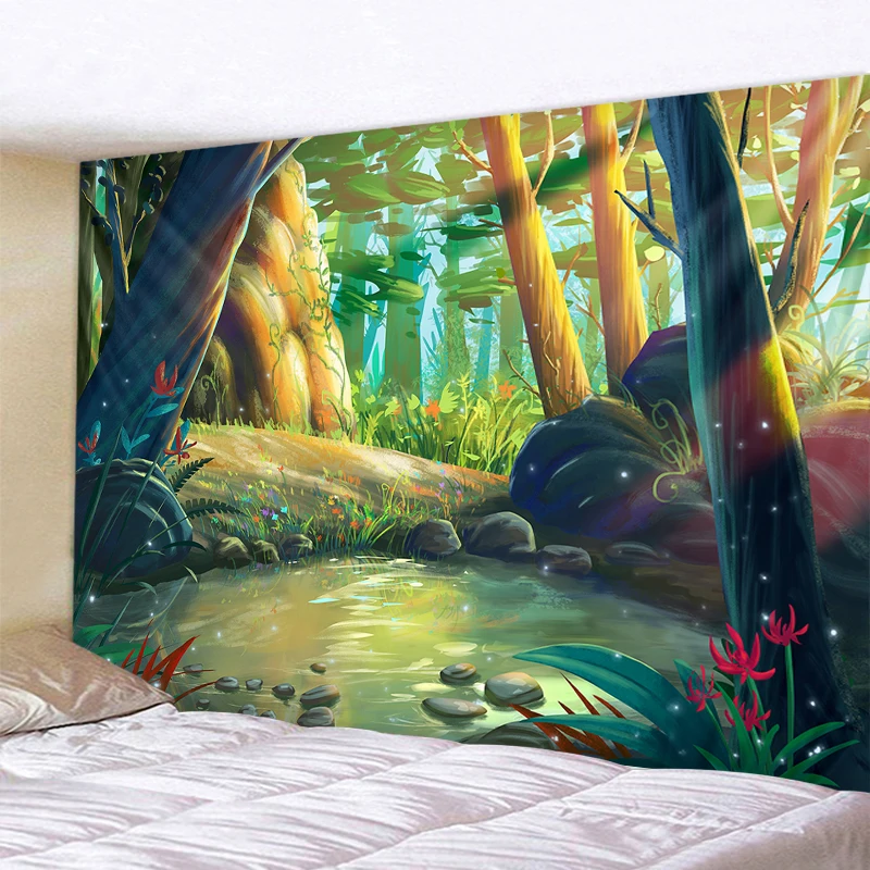 Magic Forest Mushroom Castle Tapestry, Fairy Tale Adventure Dream