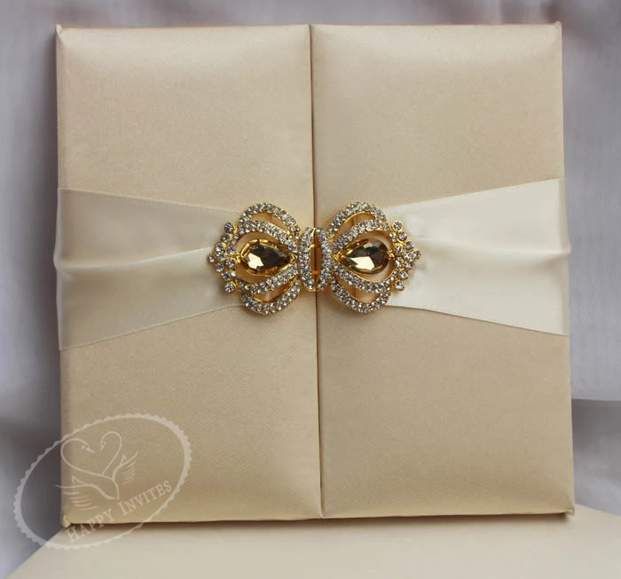 HI2003-21 Ivory Silk Folder Wedding Invitation with Gold Foiling and Purple Foiling Printing, Gold Crown Bulcke More Colors Colors Optional Made in China