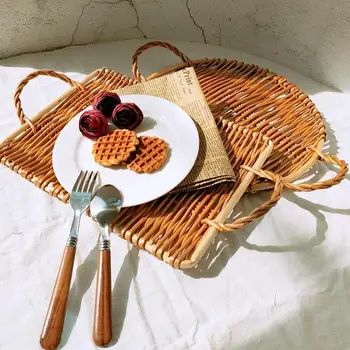 

Hand-woven Wicker Rattan Snack Basket Tea Tray With Handle Rectangle Round Bread Fruit Food Breakfast Storage Tray