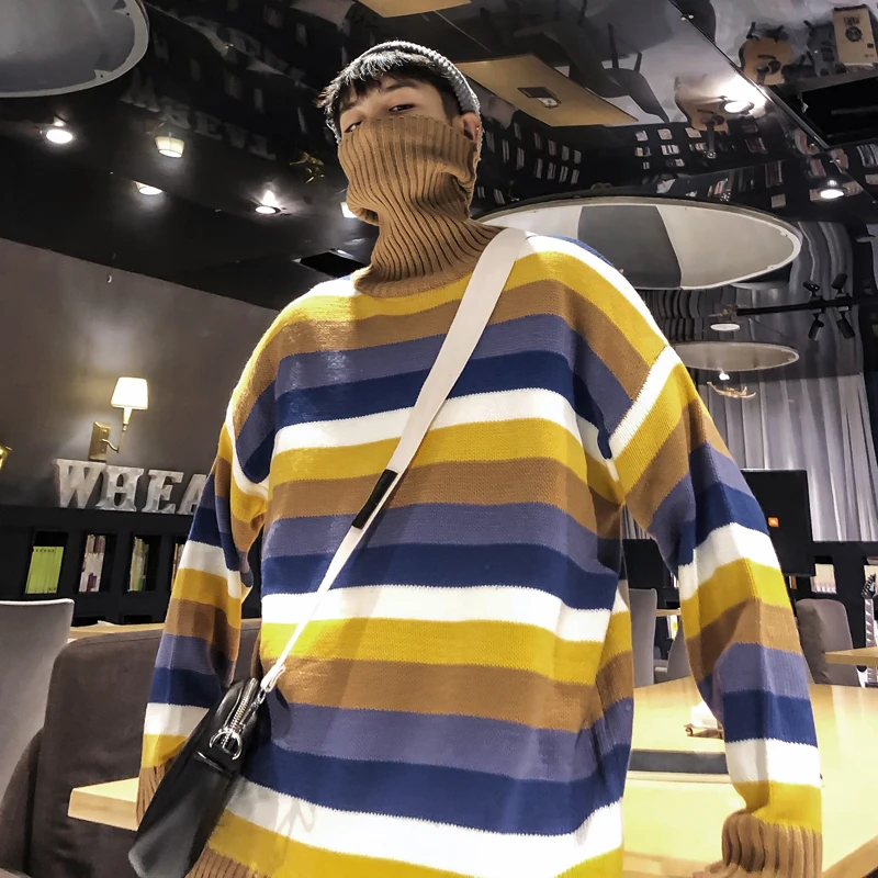 Winter High Collar Sweater Men Warm Fashion Contrast Color Casual Striped Knit Sweater Man Sweter Loose Long Sleeve Pullover Men Winter High Collar Sweater Men Warm Fashion Contrast Color Casual Striped Knit Sweater Man Sweter Loose Long Sleeve Pullover Men