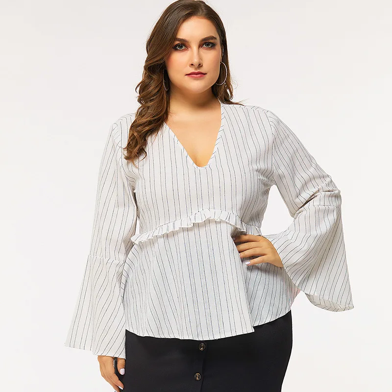 Striped Blouse Shirt Women Deep V neck Long Sleeve Big Size 4XL Fashionable Office Ladies Clothes Elegant White Shirts Top F01 | Женская