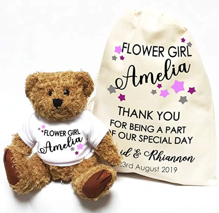 

Personalised wedding bear Little Stars Pageboy and gift bag, Custom any language text fower girl Thank you proposal persents