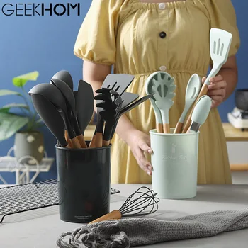 

GEEKHOM Silicone Kitchen Utensils Cooking Tools Set Wooden Handle Silicone Cooking Utensils kitchenware Set Cooking Accessories