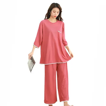 

Plus size ladies home service fat sister loose short-sleeved pajamas two-piece Xia Bingsi nine-point wide-leg pants suit