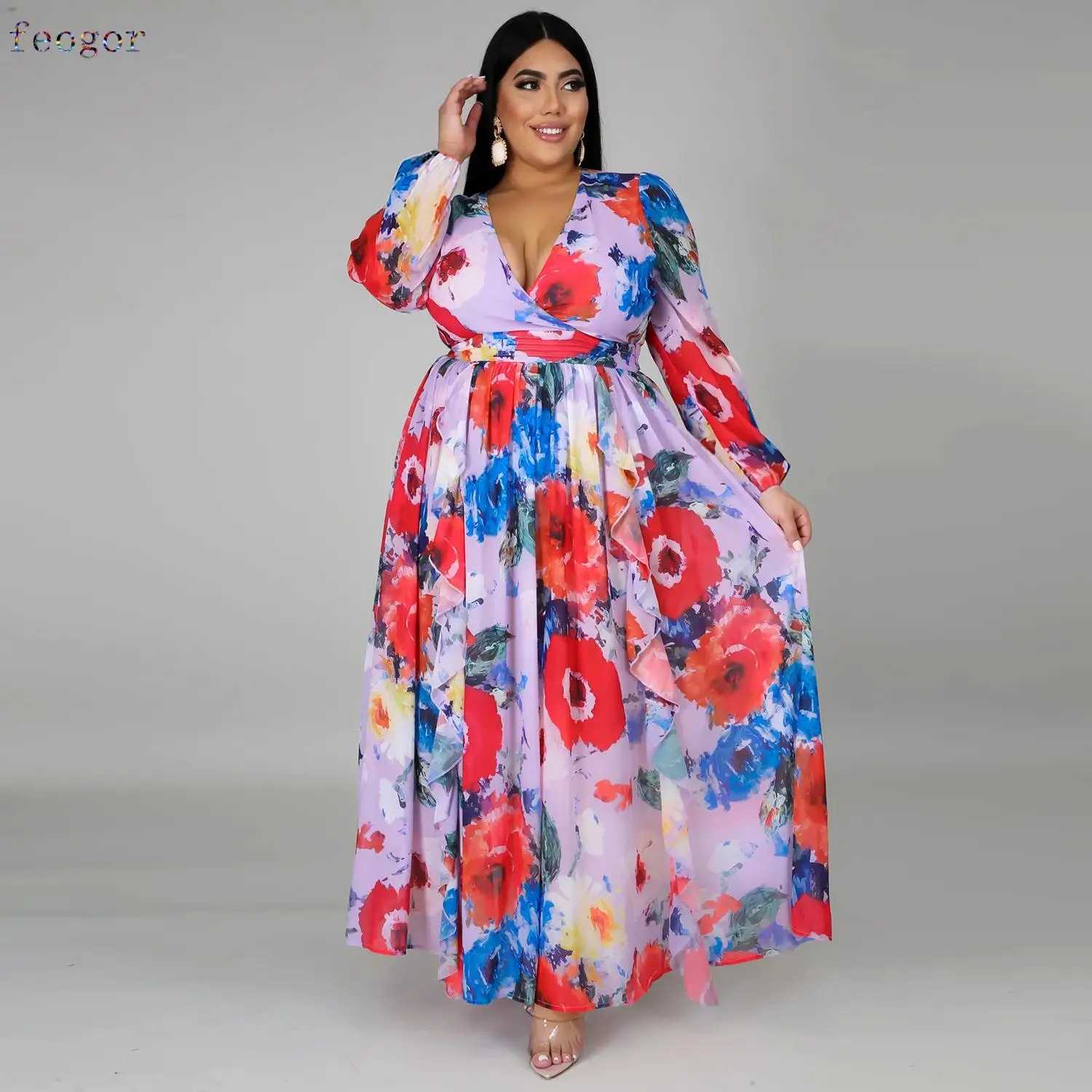 2021 Chiffon Long Sleeve Cross V-Neck Maxi Dress Bohemia Dress Full Plus Size Celebrity/Graduation/Dinner Dress Beach Sundress