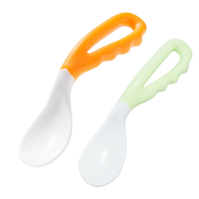 

2 Colors Baby Feeding Spoon Curved Silicone Spoon Non-slip Curved Handle Easy To Grasp Children Tableware