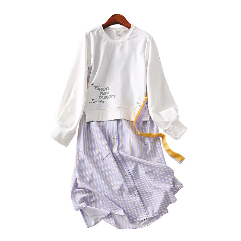 

One's Versatile round Neck Sweater Fake Two-Piece Joint Belt Waist Hugging Striped Dress Women's Entity