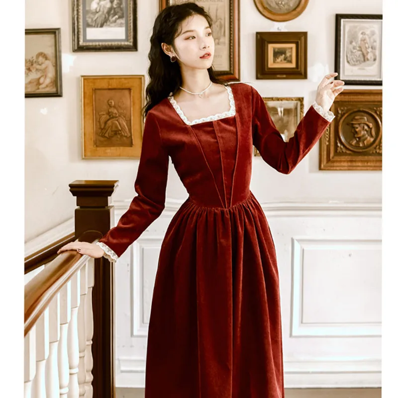 

2019 new fashion women's clothing Autumn and winter vintage dress Square Collar