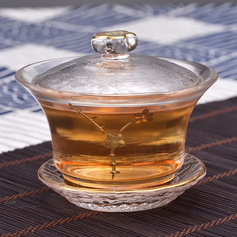 Japanese Style Glass Gaiwan Tea Cup and Lid Gold Painted Gongfu Tea Bowl Chinese Bowl 150ml