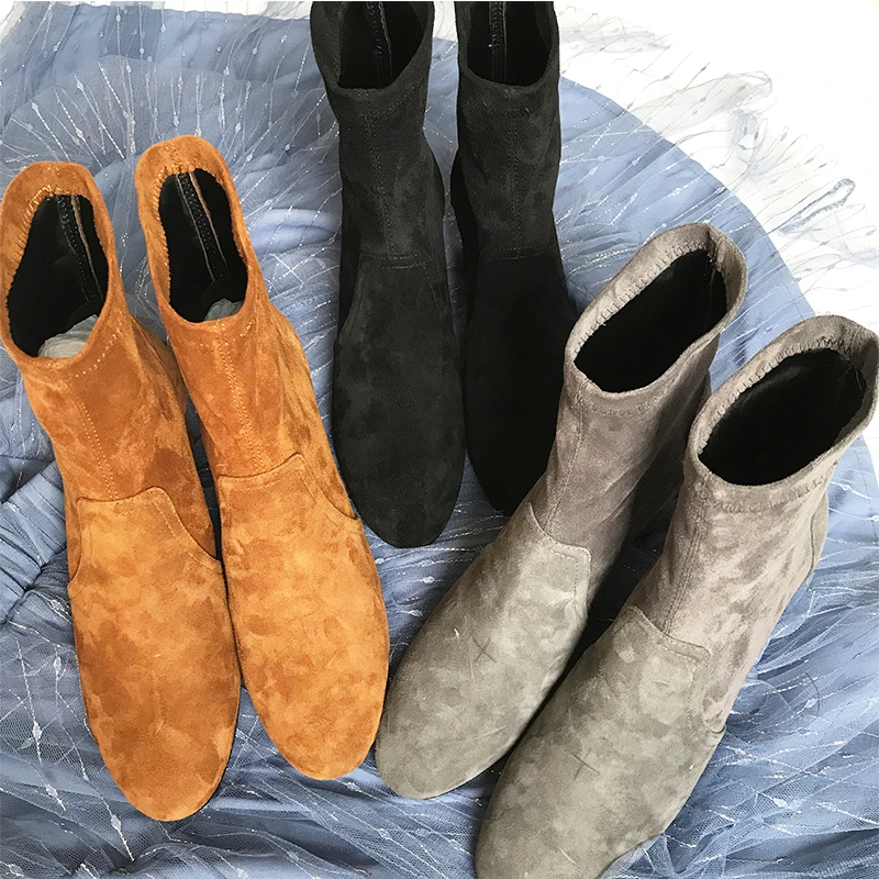

Suede Leather Woman Ankle Boots Black Brown Slip on Round High Heels Chelsea Boots Winter Short Boots Zapatos De Mujer 2019 New
