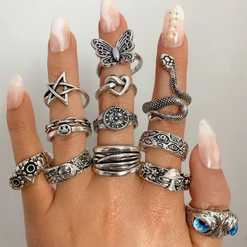 FAMSHIN Retro Punk Butterfly Snake Ring For Men Women Personality Geometry Antique Siver Color Fashion Opening Adjustable Rings