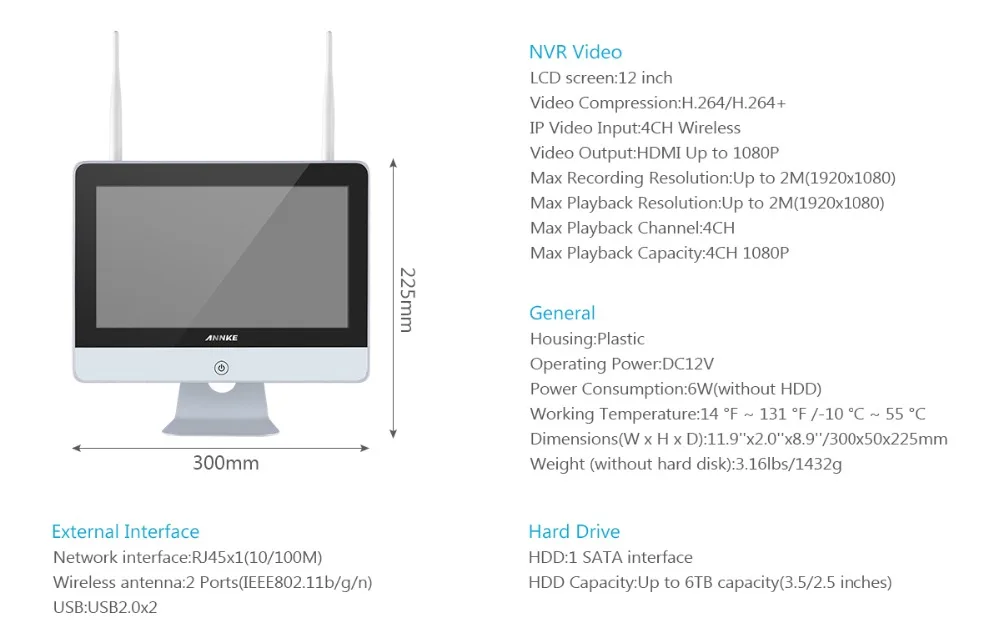ANNKE 4CH 1080P HD WiFi Беспроводная NVR система видеонаблюдения 12 дюймов ЖК-экран автоматическая защита экрана 1080P пуля IP камеры