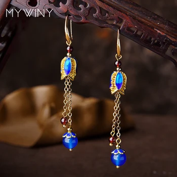 

New red garnet vintage copper chains earrings for women,blue nature stones Ethnic earrings jewelry,fashion dangle earrings