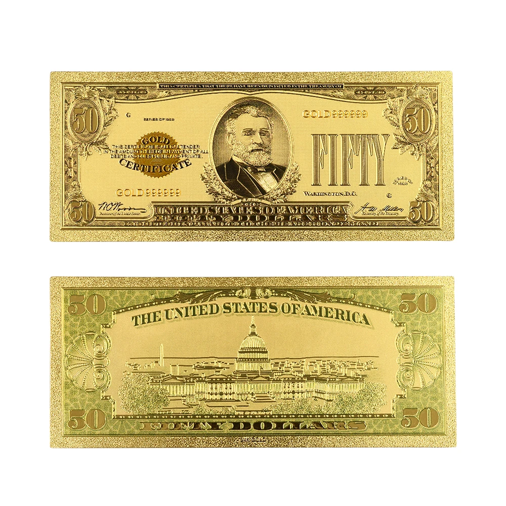 1928 год Красочные золотые банкноты Usd 50 24k Золотая фольга бумажные деньги