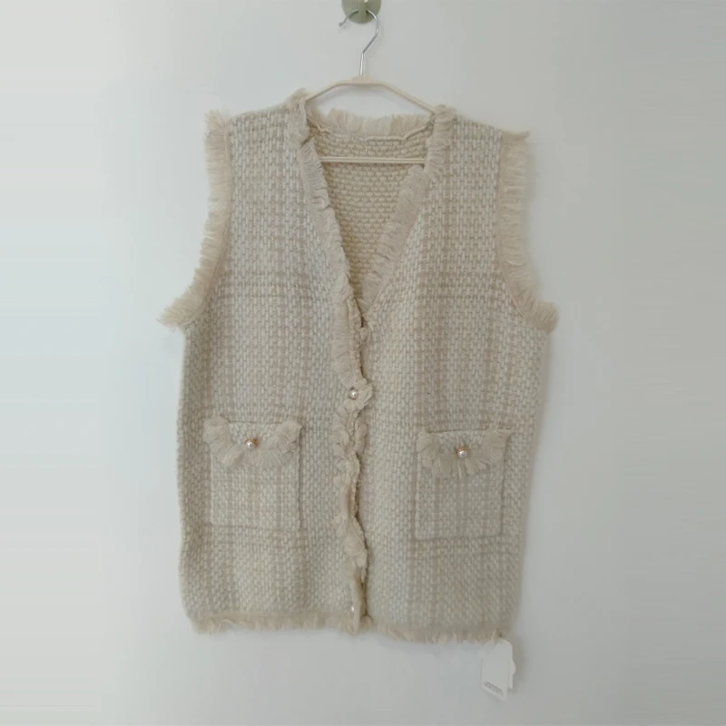 Women New Retro Black Beige Plaid Tweed Vest Houndstooth Waistcoat Pockets Long Sleeveless Tassel Jacket Outerwear Female Tops