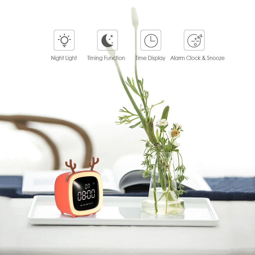 

New Night Light Alarm Clock Table Clock with Snooze Function Adjustable Brightness Time Date Display Cute Night Lights for Baby
