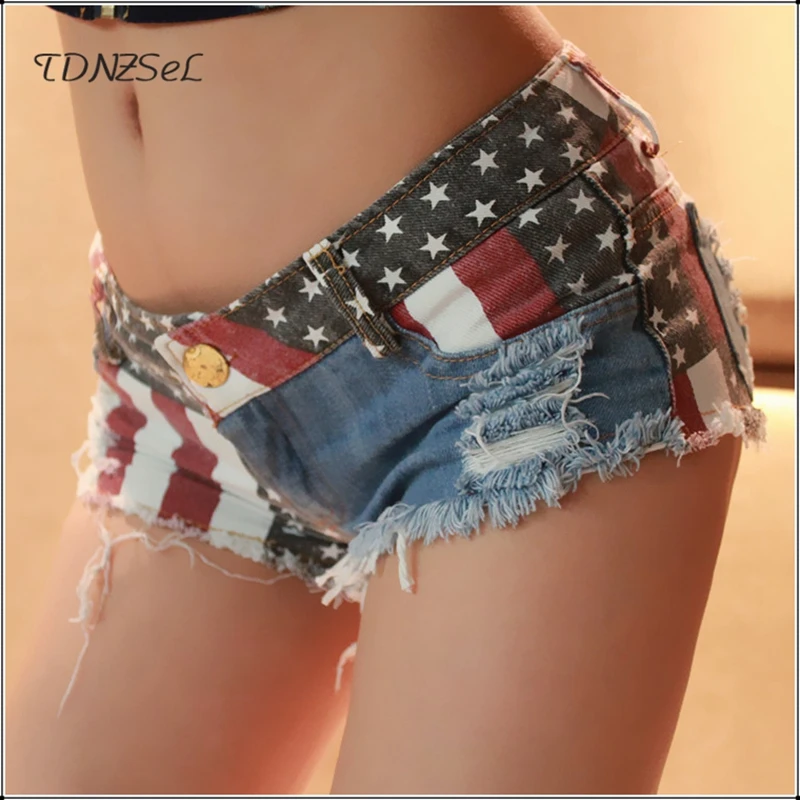 

Summer Sexy USA Flag Printed Torn Hole Jeans Shorts Women Low Waist Mini Rupture Denim Skinny Shorts Nightclub Dance Hotpants
