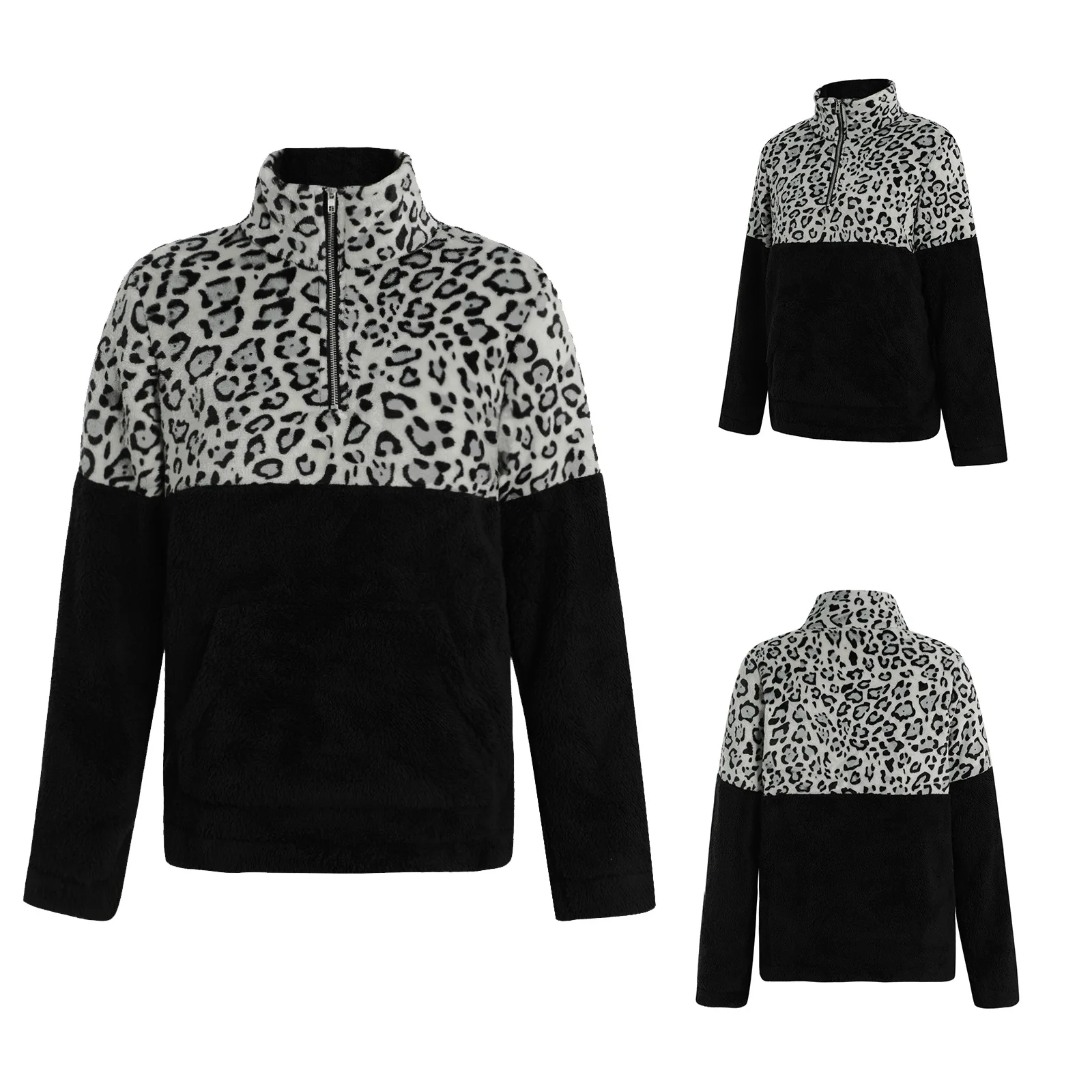 

Women's leopard stitched Plush top, fashion casual long sleeve Lapel zipper velvet elastic warm casual party Street top