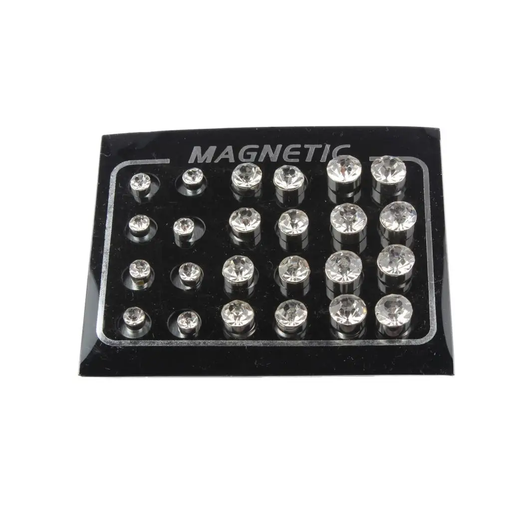 12 Pair Silver Crystal Diamond Strong Magnetic Stud Earrings Simple Earrings for Women No Hole Piercing 3Sizes 4MM,6MM,7MM