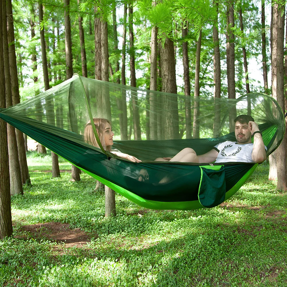 Double Camping Hammock with Mosquito Net Portable Hammock with Tree Straps Lightweight Parachute Travel Bed Quick Open Easy Set