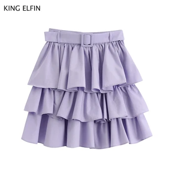 

KING ELFIN fashion Za skirt women's 2020 summer leisure slim fit solid color cascade with belt high waist skirt female