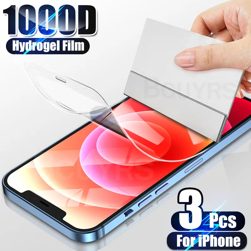 Protector de pantalla de cobertura completa para iPhone, película de hidrogel para iPhone 7, 8, 6, 6s Plus, X, XR, XS, 11, 12 Pro, Max, SE, 2020, no Cristal, 3 uds.