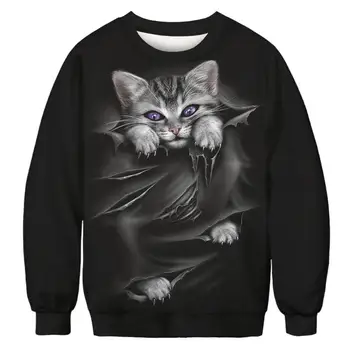 

Fashion Women Hoodies Long Sleeve Round Neck 3D Cat Digital Print Jumper Spring Autumn Casual Sweatshirts Streetwear