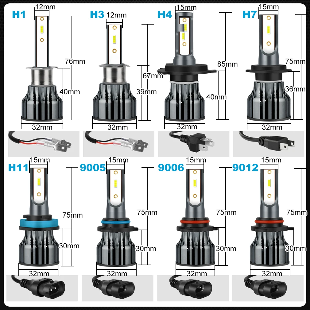 2Pcs Mini Car LED H4 H7 H1 H3 H8 H11 H9 HB3 9005 HB4 9006 Hir2 9012 LED Headlights Bulb 12V 15000LM 6000K Headlamp