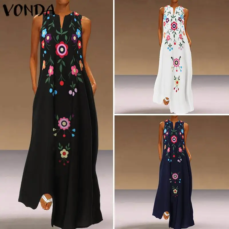 VONDA летнее платье с принтом Vestido, сексуальное длинное платье макси без рукавов богемная Женская одежда для вечеринки свободный вечерние сарафан большого размера S-5XL