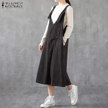 

Plus Size Corduroy Overall Dress Women's Spring Sundress 2020 ZANZEA Summer Split Midi Vestidos Female Casual V Neck Robe Femme
