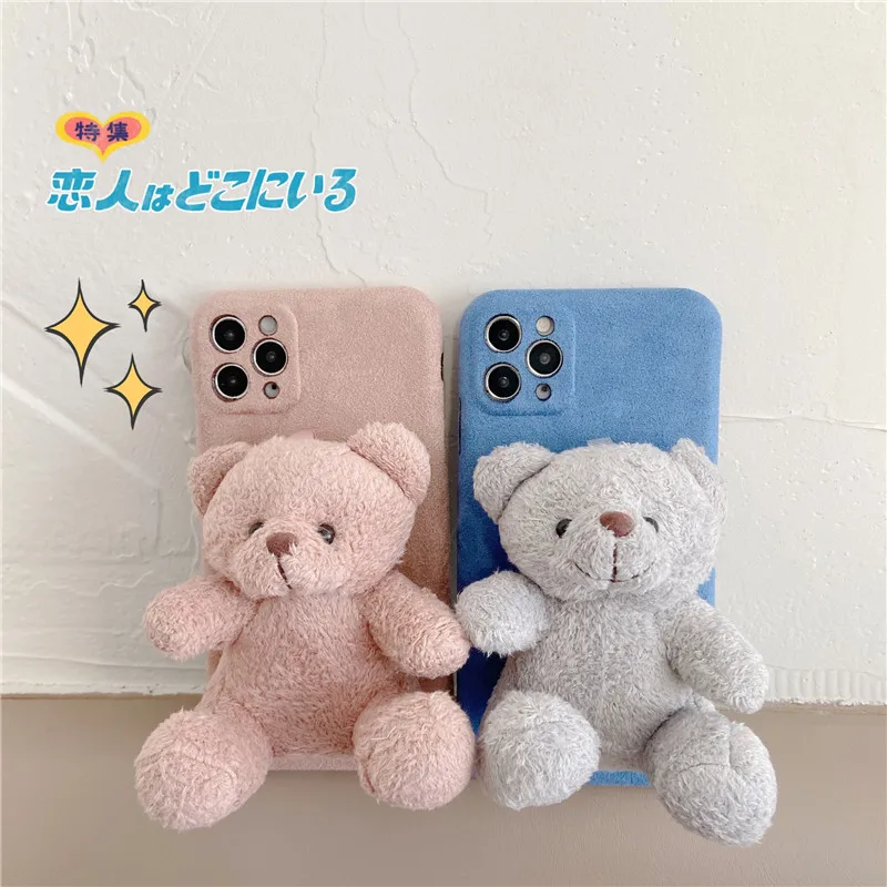 Cute Fluffy Cartoon Bear Plush Case For Iphone 11 Pro Max 7 8Plus Xr Xs Max X 12 Mini SE Cute Warm Fabric Fur Soft Back Cover