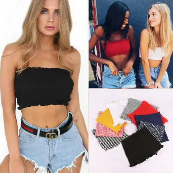 

2020 Fashion Sexy Women Tube Tops Summer Ladies Off Shoulder Elastic Strapless Tube Bandeau Bra Femme Ruched Crop Tops Shirt
