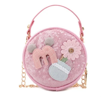 

2020 Girl Crossbody Bag Fashion Leather Sequins Flowers Children's Messenger Bag Small Round Bag Female Shoulder Bags
