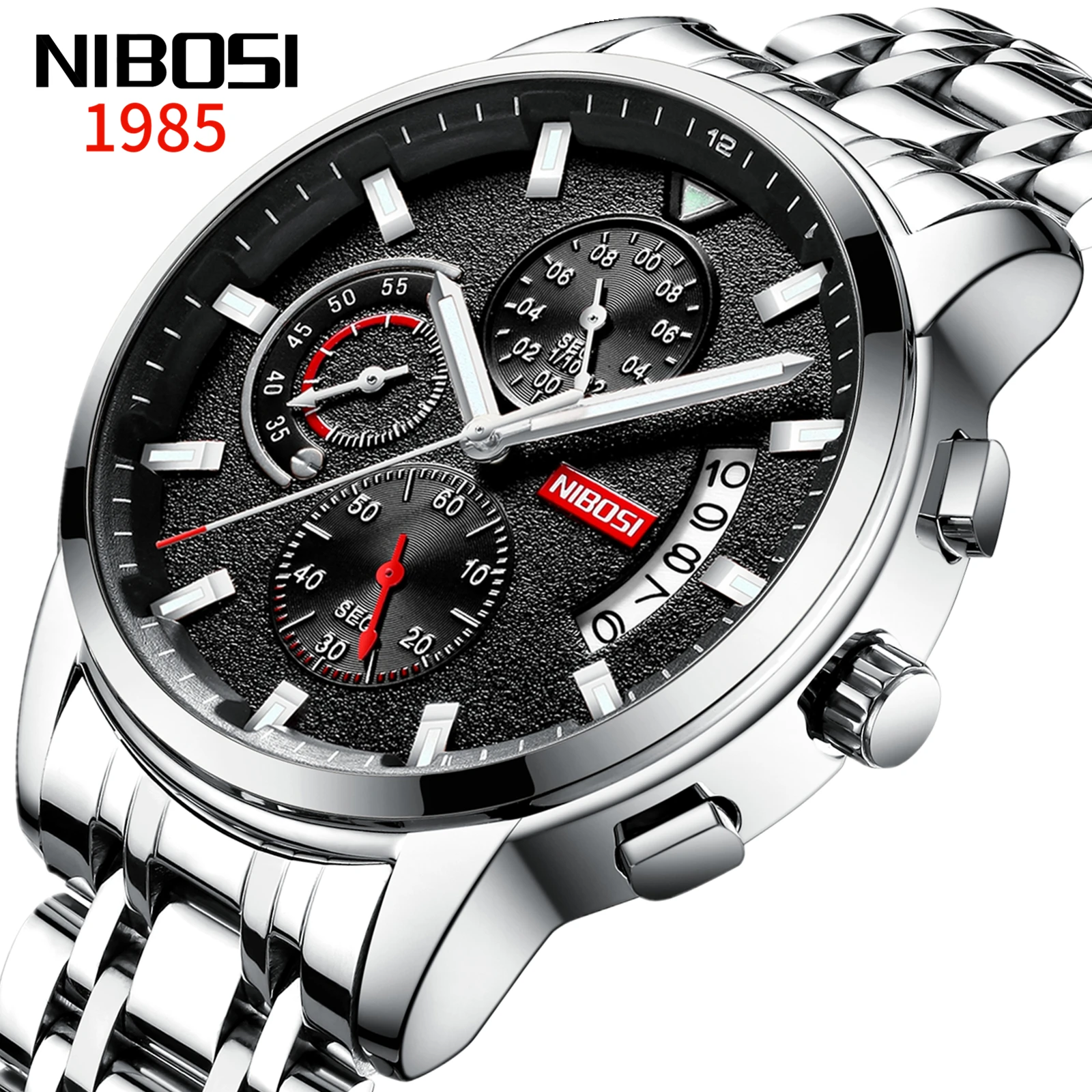 NIBOSI Top Brand Fashion Mens Watches Luxury Stainless steel Quartz Chronograph Clock Waterproof Watch For Men Relogio Masculino 