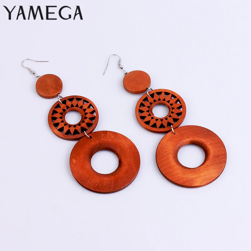 Серьги YAMEGA из натурального дерева Висячие коричневые крупные кольца длинные
