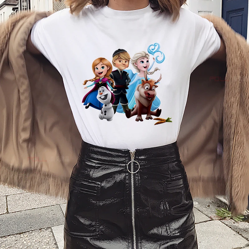 Women Fashion Harajuku Short Sleeve T-shirt White Plus Size Cute Tshirt Female Tops Clothing New Frozen Printed T Shirt