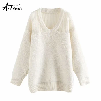 

Artsnie autumn 2019 casual white v neck sweater women long sleeve knit pullover jumpers winter warm pull sweaters mujer
