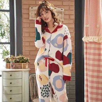 

Multicolor Women's Turn-down Collar Pyjama Femme Pijama Cotton Sleepwear Teen Girls Pajamas Home Wear Plus Large Size XXXL
