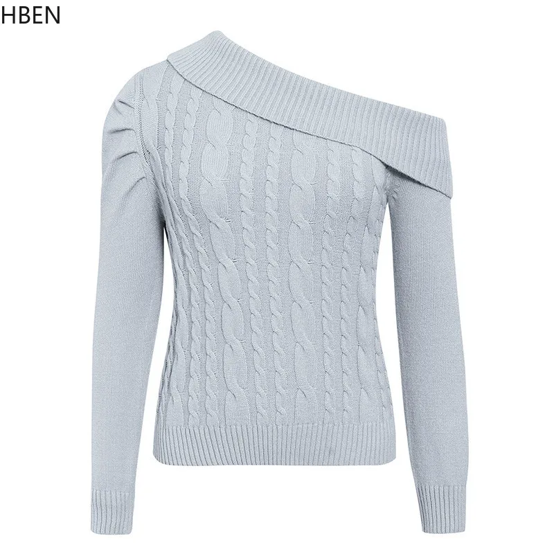 DA Fashion Runway One-Shoulder Knitted Sweater Women Retro Puff Sleeve Pullover Women's Warmth Ladies Autumn Winter Sexy Jumpers | Женская