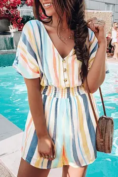 

New Print V-neck Striped Jumpsuit