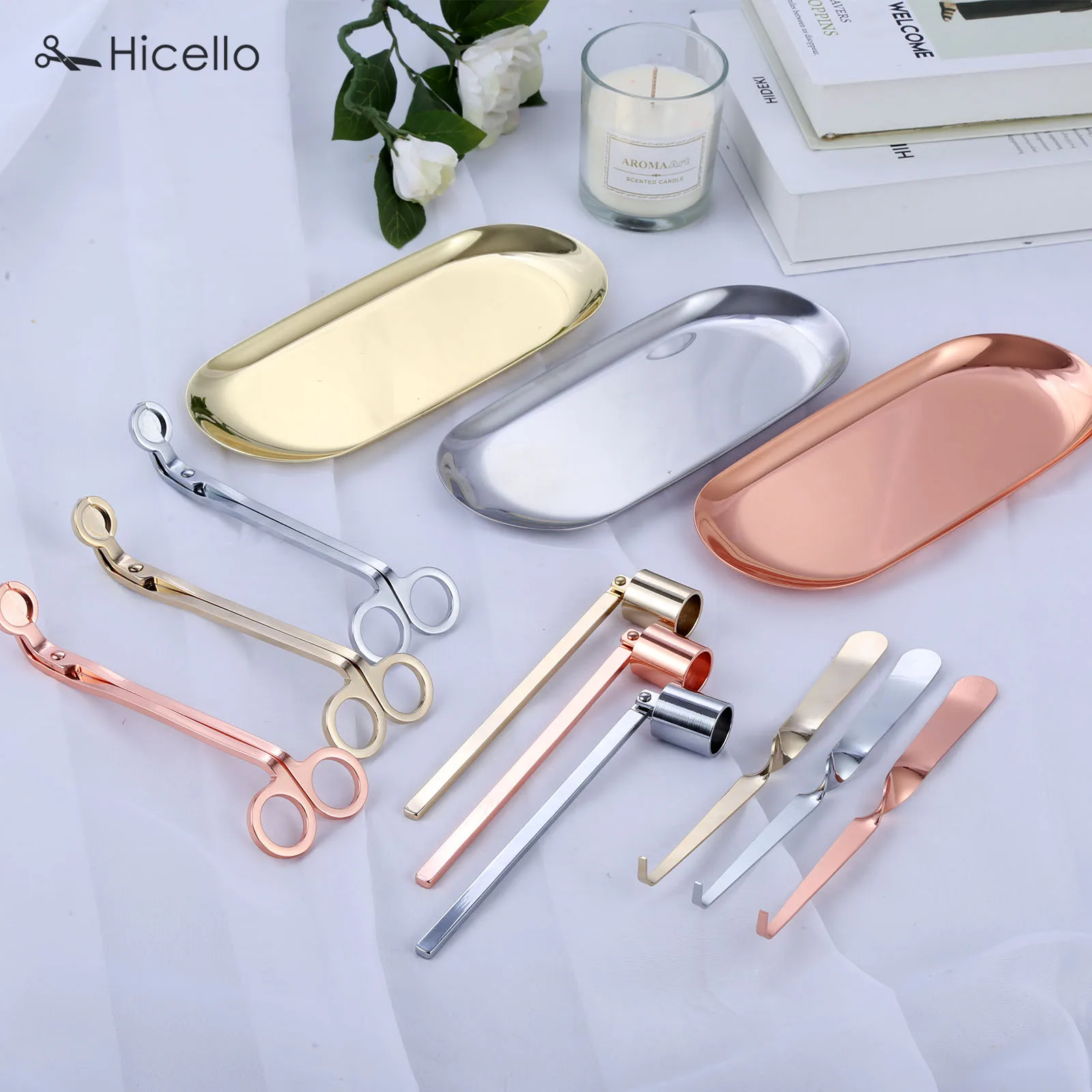 4pcs/kit Candle Accessories Snuffer Trimmer Hook Tray Stainless Steel Wicks Holder Dipper Home Decoration Gold Silver Bronze