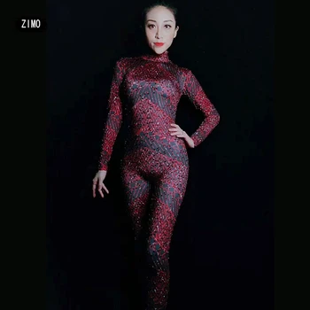 

Sparkly Red Rhinestone Spandex Jumpsuit women Elastic Skinny Bodysuit Stage Wear prom Party Singer Dancer Nightclub Costume rave