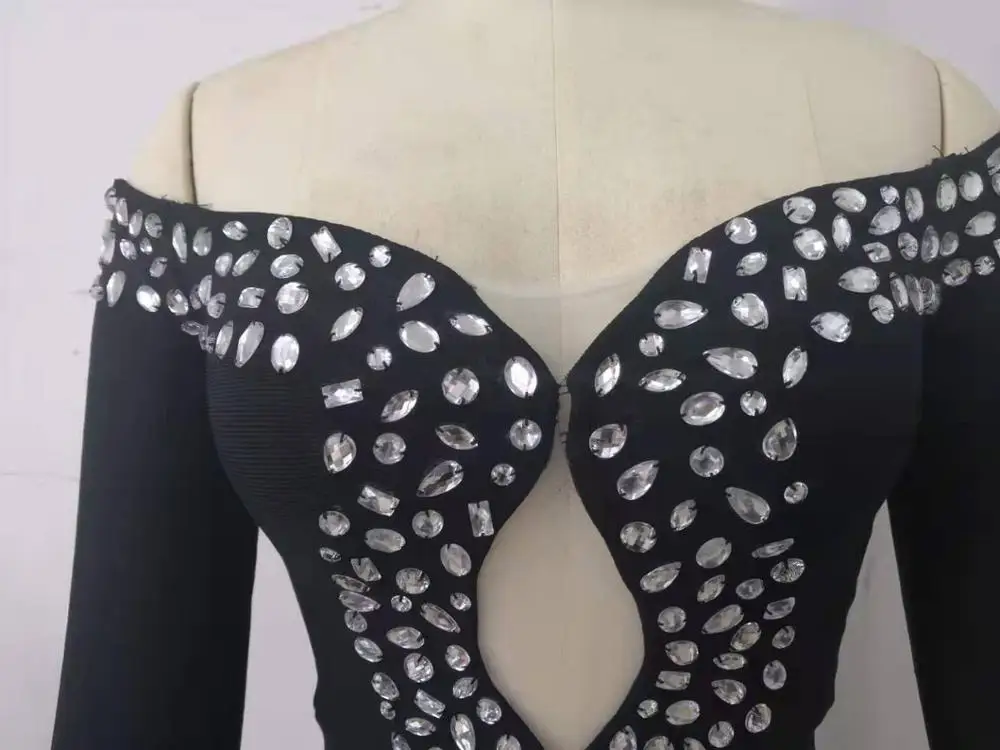 High Quality Black Sexy Women Slash Neck Long Sleeve Bandage Rayon Homecoming Elegant Party Dress