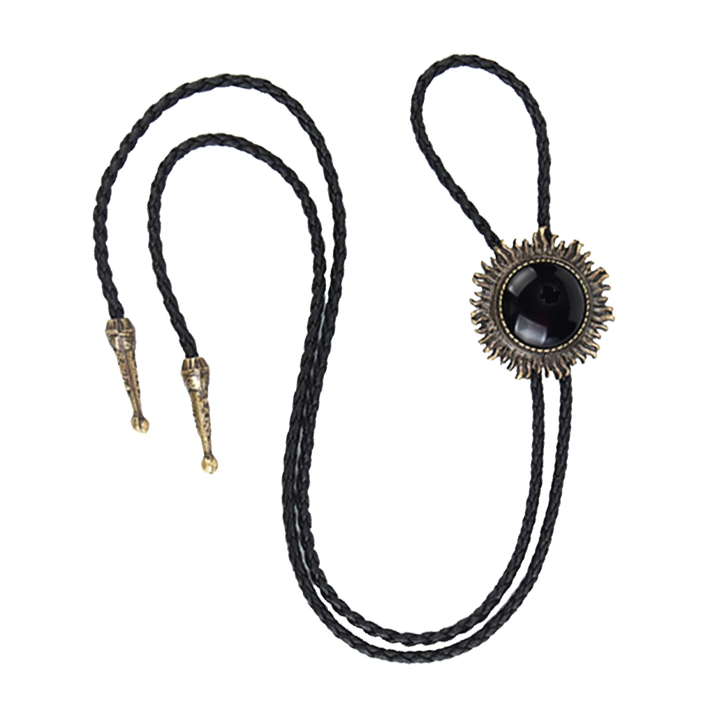 Vintage Antique Bronze Sunflower Black Stone Western Cowboy Bolo Tie Necktie
