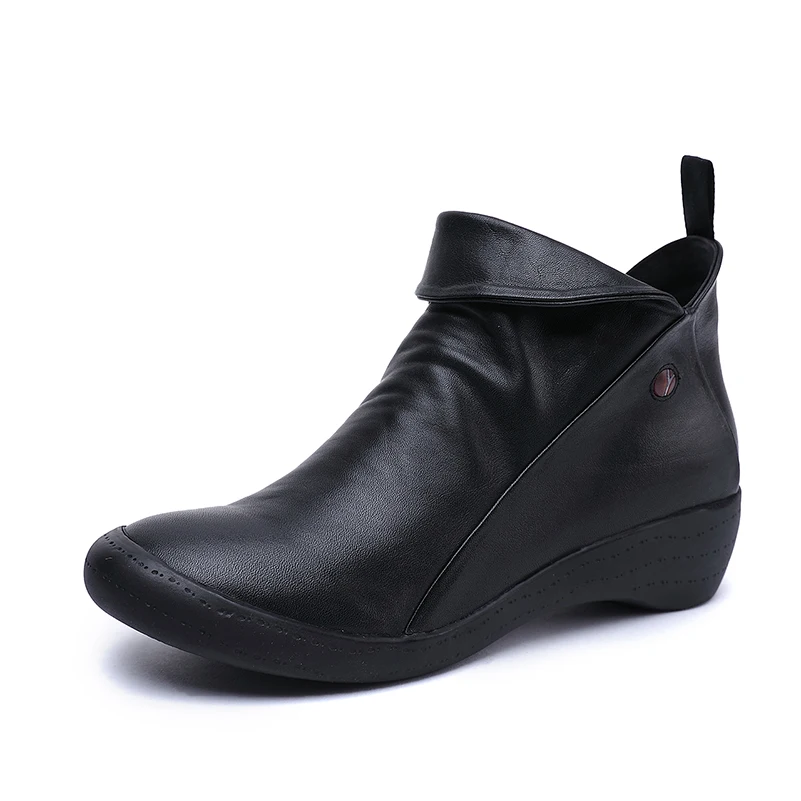 VALLU/ г., Новые осенне-зимние женские ботильоны обувь ручной работы из натуральной кожи со складками женские короткие теплые ботинки для матери - Цвет: Черный