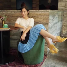 Осенняя и зимняя новая популярная цветная Лоскутная Женская трикотажная длинная Плиссированная юбка