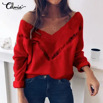 

Celmia Women Autumn Jumpers Fashion Lace Sexy Hollow Out Knitted Sweaters Winter Casual Pullover V-neck Long Sleeve Pull Femme