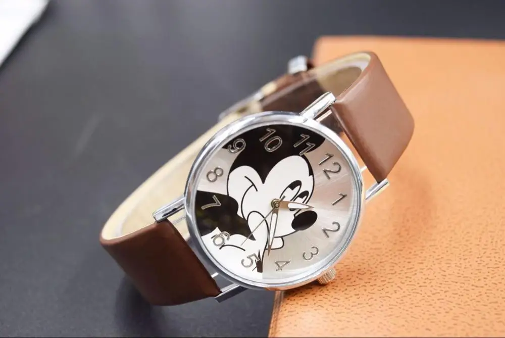 Милые Мультяшные кварцевые наручные часы, детские кожаные женские браслеты, часы с мышкой, детские часы для мальчиков и девочек, Relojes kol saati reloj - Цвет: Coffee