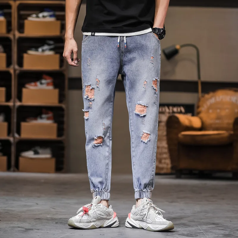 

Ripped Jeans Men's Slim Fashion Contrast Color Retro Jean Pants Men Streetwear Wild Hip Hop Hole Denim Trousers Mens M-5XL