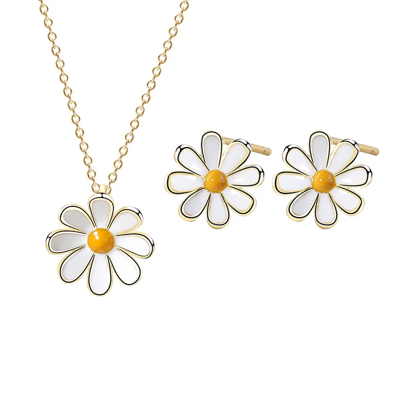 Fashion White Flower Daisy Jewelry Set Enamel Daisies Pendant Necklace